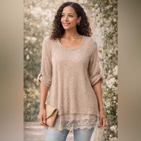 Indigo Soul Beige Sheer Knit Lace Hem Tunic Top | 2XL - Picture 2 of 14